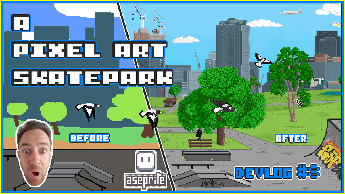 paypercutts's tweet photo. #100DaysOfGameDev Day120
My #pixelart #skatepark background is finished🥳
Watch how I designed it, and the reveal at the end😎
https://t.co/2S4yfWKvxV
#aseprite #pixelartist #indiegame #indiedev #IndieGameDev #gamedev #IndieGameDev #GameMakerStudio2 #GameMaker #SwoopingJustice https://t.co/TNnKKgfmRQ