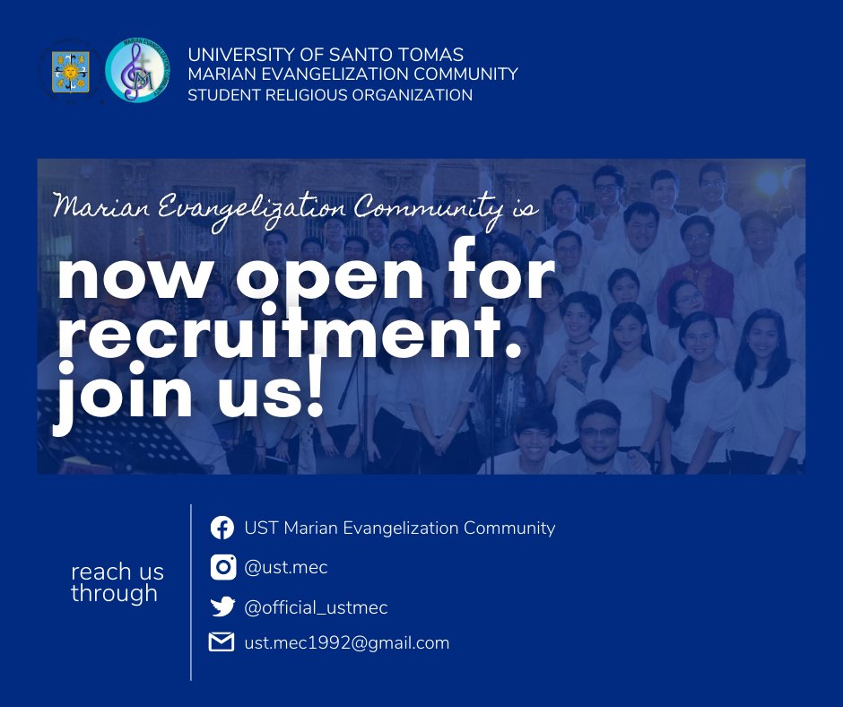 official_ustmec's tweet photo. Join us this R101 A.Y. 2021-2022 and be part of our growing family! 
Sign-up here: https://t.co/uvoiL2PE39
Follow us:
FB: UST Marian Evangelization Community https://t.co/VzksBRckbm 
IG: @ust.mec 
Twitter: @official_ustmec
Email us at: ust.mec1992@gmail.com 
#MECasamaKa
#R1012021 https://t.co/b06me6X9Hf