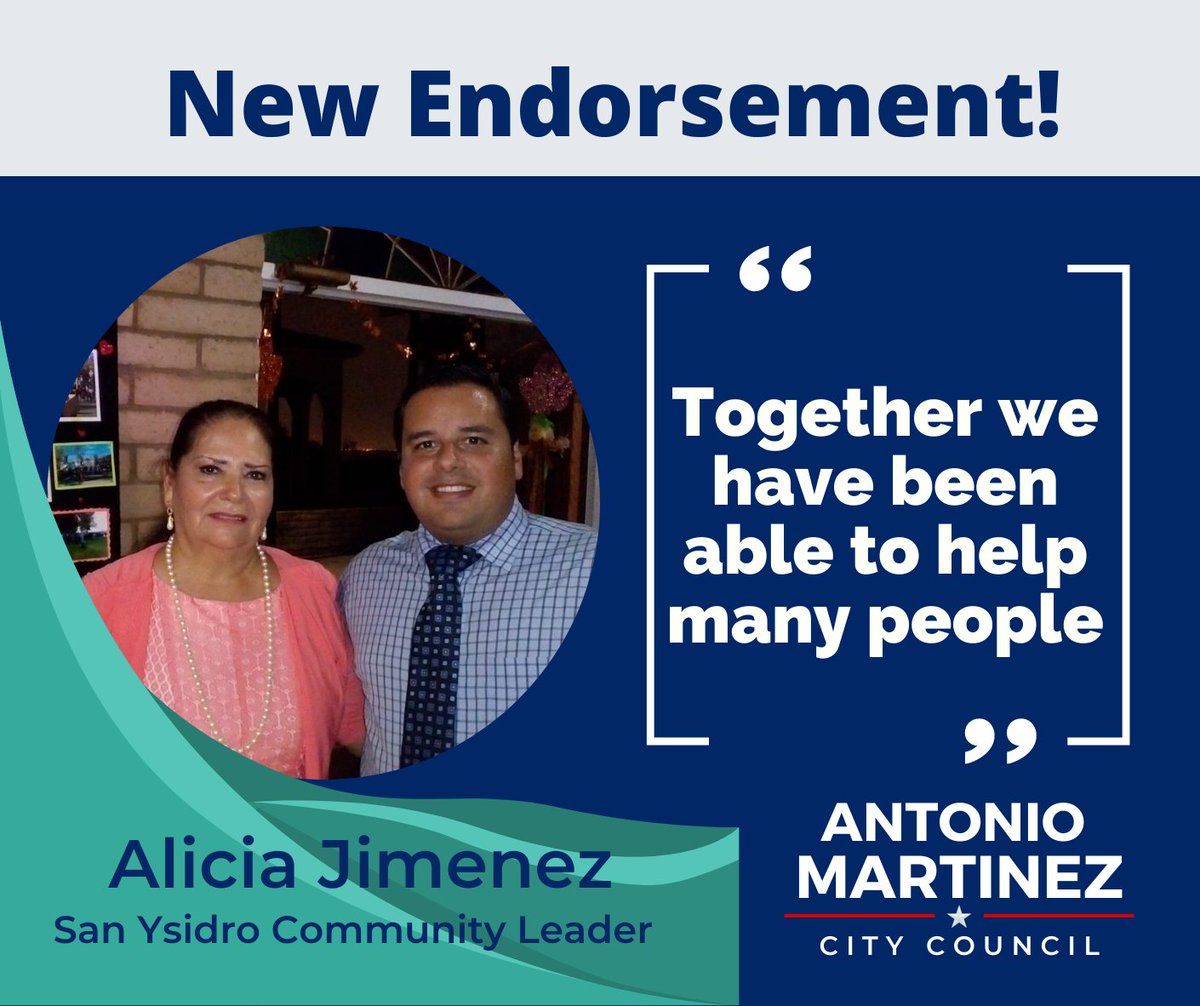 MartinezSD8's tweet photo. I have known Alicia Jimenez as a friend and community leader for many years. She is a true champion of San Ysidro and District 8. I am honored to have your support in our race for San Diego City Council. #Time4Change #Martinez4D8 https://t.co/3GUoHTPir3