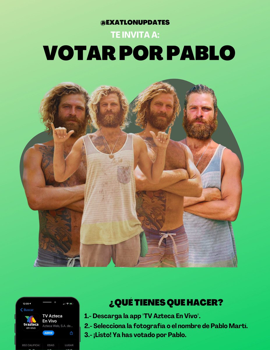 ExatlonUpdates's tweet photo. 🗳️ 🏆 🗿 | CAMPEÓN SURVIVOR MÉXICO 

Exatlón Updates los invita a VOTAR por PABLO MARTÍ para que se convierta en el CAMPEÓN de SURVIVOR MÉXICO 2021.

Les dejamos el flyer para que voten por Pablo.

[@Pablo_ChefMX]

#GraciasPablo
WERO CAMPEÓN ABSOLUTO
#HOYGANAPABLO https://t.co/tL5oyjwsxG