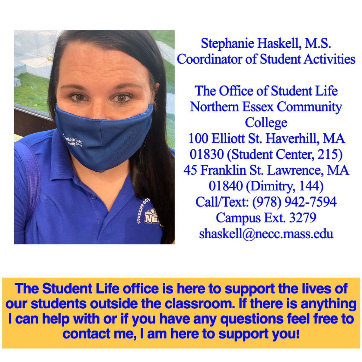 NECCStudentLife's tweet photo. Student Life office is here to support the lives of our students outside the classroom. Not only do I plan fun events to help you meet other students and enjoy your college experience but I’m also a cheerleader for you and willing to help however I can. #NECCStudentLife https://t.co/z609IvMQb9