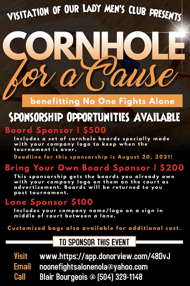 NOFANOLA's tweet photo. We're hoping to make the second cornhole tournament bigger and better than the last and we need sponsors to help us get there. Please spread the word about these sponsorship opportunities. #NOFANOLA https://t.co/l1Gu6Ylbw4