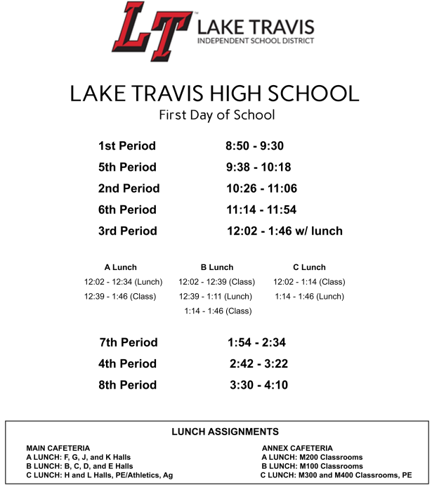 ❤️🏫 First day of school schedule.📚🎒
.
.
.
#lths #laketravishighschool #lthspto #laketravisisd #backtoschool