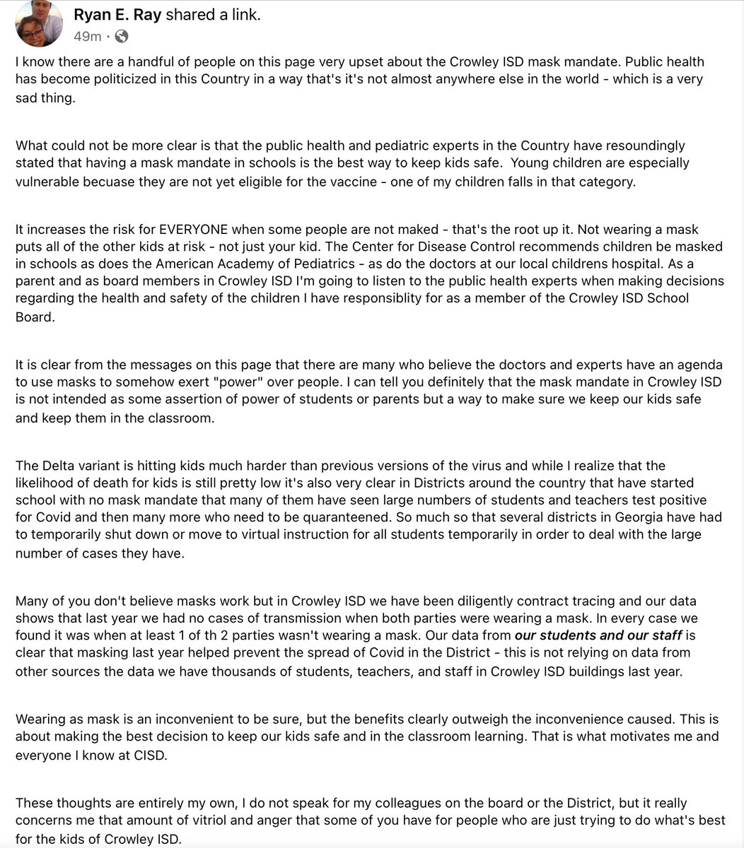 MomsCrowley's tweet photo. A CISD school board member speaks out when seeing his community tear itself apart over masks

@CrowleyISD #MaskMandates #Texas #TexasSupremeCourt @CDCgov @AmerAcadPeds @CookChildrens #DeltaVariant https://t.co/L6b5cxPlp6