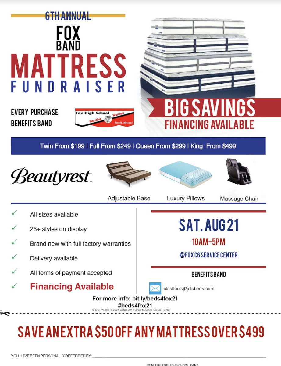 LESS THAN A WEEK! Make sure to stop by the <a href="/FoxC6Schools/">Fox C-6 Schools</a> Service center next Saturday, August 21st for the Annual <a href="/Fox_Bands/">Fox HS Bands</a> Mattress Fundraiser! <a href="/FoxHSActivities/">Fox High School Activities</a> <a href="/foxc6super/">Dr. Paul Fregeau</a> <a href="/MOM_Marching/">Music on the Meramec Marching Festival</a> #Disney2021