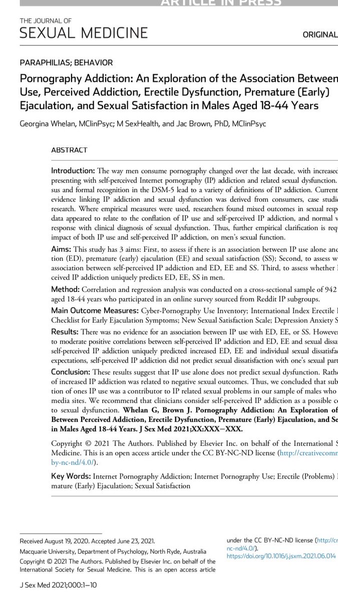 DrDavidLey's tweet photo. Yet another scientific study finds that porn use and “porn addiction” don’t predict Erectile dysfunction or sexual dissatisfaction- but, self perceived porn addiction does. This reflects the effect of moral incongruence, NOT the porn. https://t.co/upQ7KS9uzT