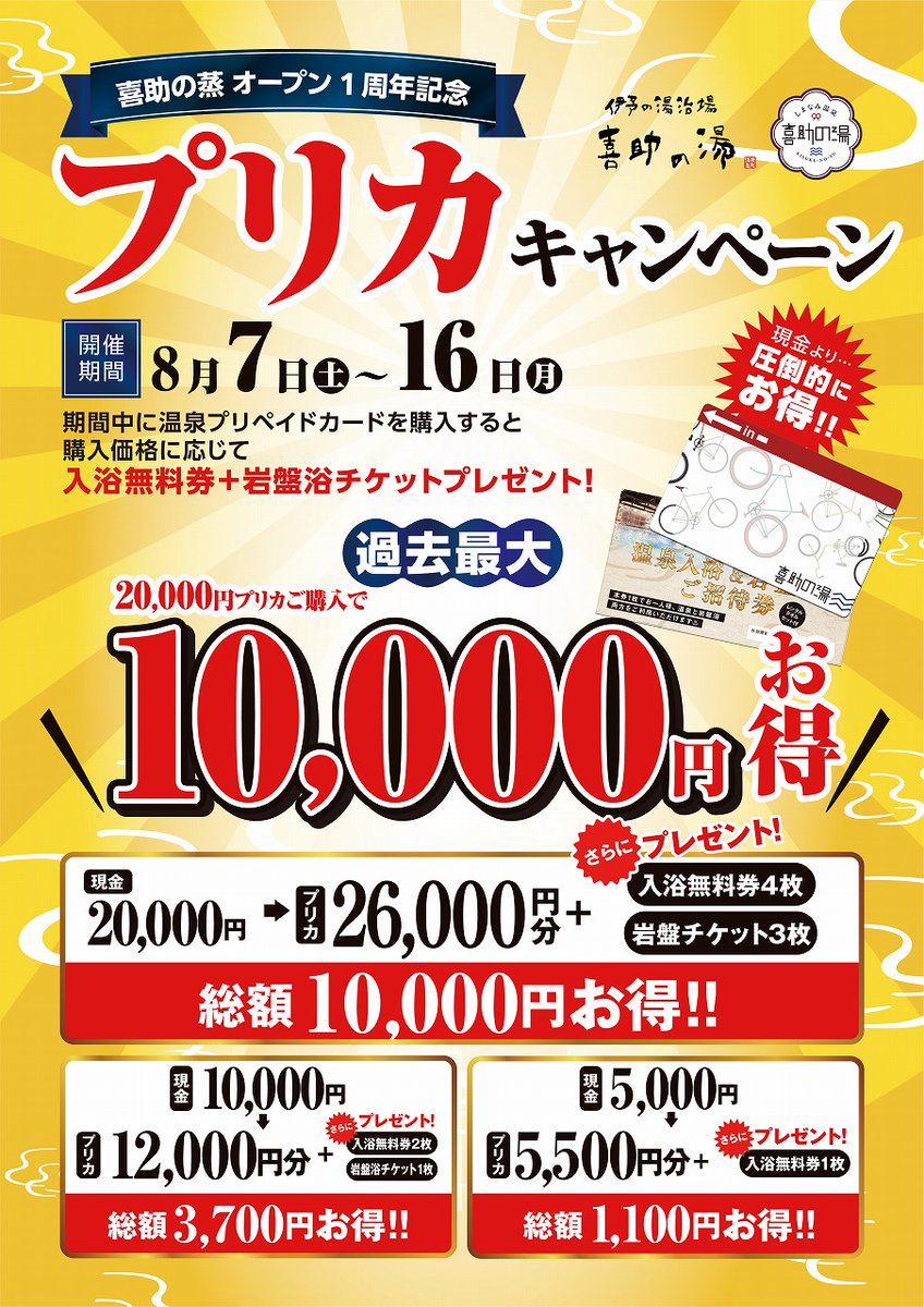 喜助の湯(ＪＲ松山駅前)無料入浴券10枚② 12月末期限 喜助の湯（温泉入浴）が大変お得に利用できる【プリペイドカード