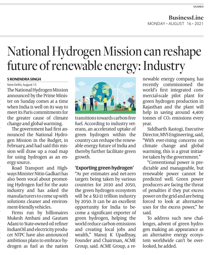 It can be an excellent opportunity for India to become a significant exporter of green hydrogen, helping the world reduce carbon emissions and creating local jobs and wealth: <a href="/mkuacme/">MANOJ UPADHYAY</a>  Founder and Chairman told <a href="/ronendrasingh/">Ronendra Singh Sapam</a> 
#RenewableEnergy #hydrogen #EnergyTransition #energy