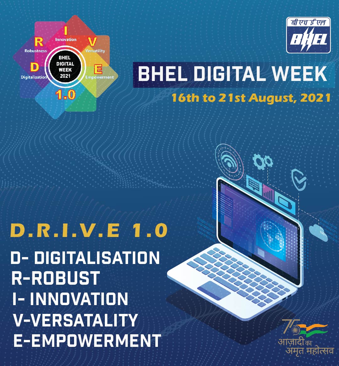 BHEL_India's tweet photo. 𝗕𝗛𝗘𝗟 𝗰𝗲𝗹𝗲𝗯𝗿𝗮𝘁𝗲𝘀 𝗗𝗶𝗴𝗶𝘁𝗮𝗹 𝗪𝗲𝗲𝗸- 𝗗.𝗥.𝗜.𝗩.𝗘 𝟭.𝟬
#bhel #DigitalIndia #digital #6yearsofdigitalIndia #digitalisation #robust #innovationinbharat  #versatality #empowerment https://t.co/zQ8x2ViyC6
