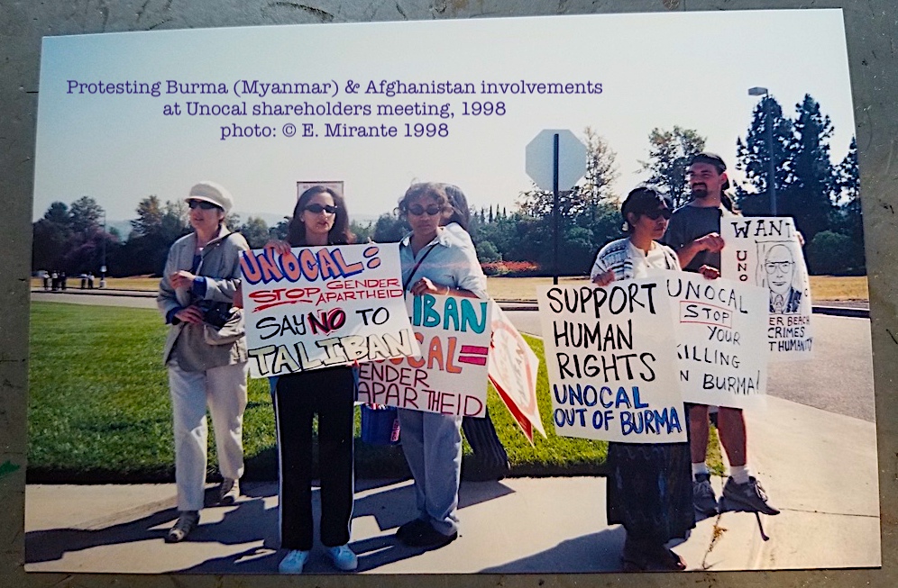 EdithMirante's tweet photo. Worth remembering: same US petro corp #Unocal involved in 1990s rise of Taliban in Afghanistan (for pipeline scheme) & bankrolled 1990s Myanmar junta (w. Total, gas pipeline.) Chevron bought Unocal 2005, continues business w. current Myanmar coup regime. #WhatsHappeningInMyanmar https://t.co/kCijqbqlzv