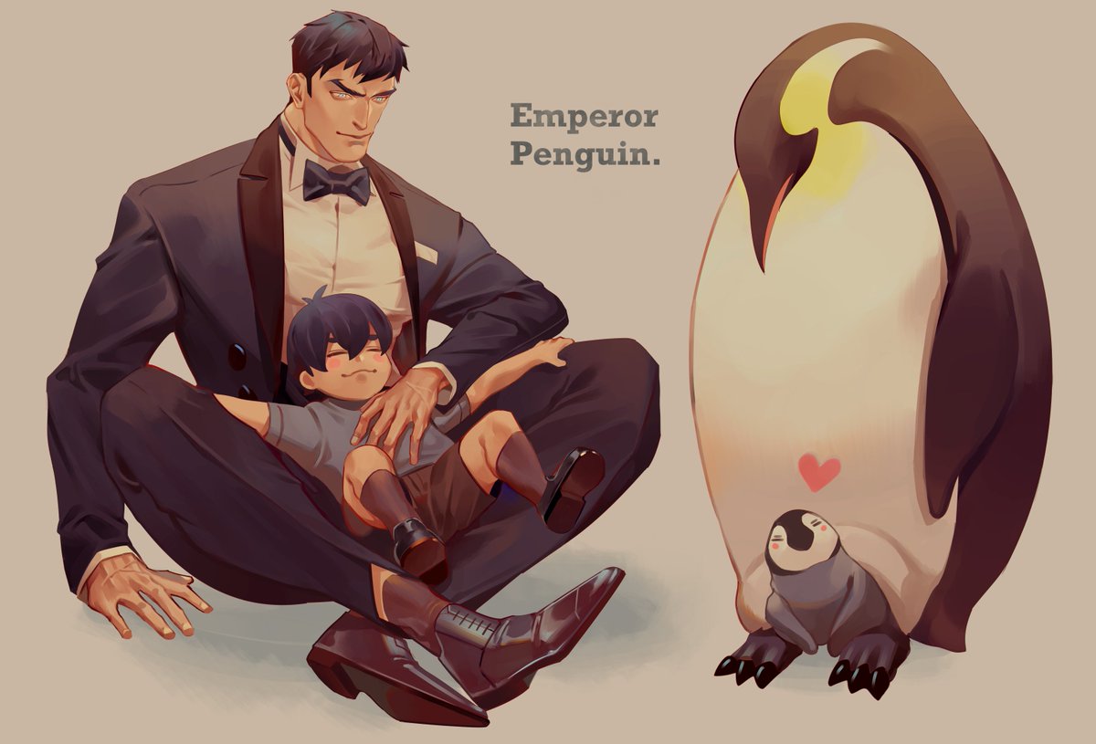 「ペンギンの父親と抱っこされる雛(擬人化) 」|上野 綺士 Ueno Kishi/【ペンギン紳士。】発売中🐧のイラスト