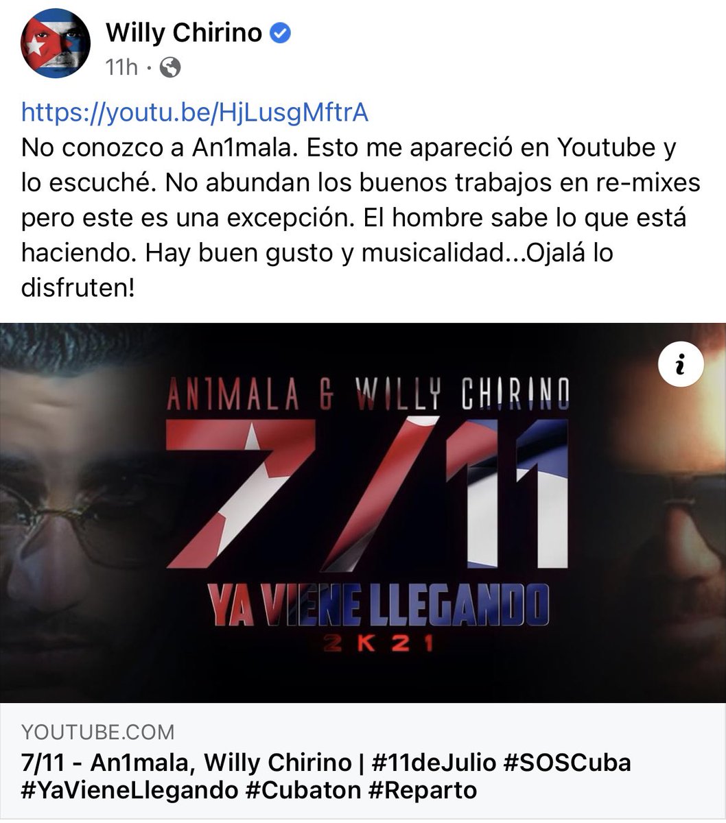 Gracias al maestro <a href="/willychirino/">Willy Chirino</a> por estas palabras. El mérito es todo suyo eminencia. Crecí escuchando su música. youtu.be/HjLusgMftrA 
#WillyChirino #An1mala #YaVieneLlegando #Cubaton #MusicaCubana