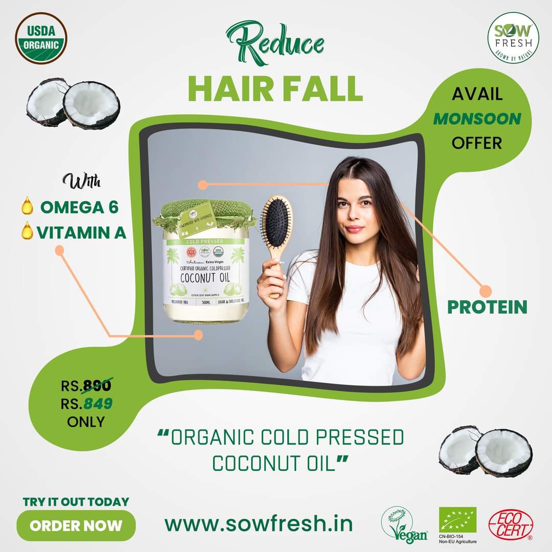 Sowfresh1's tweet photo. Monsoon is a time when many people face the menace of hair fall. 
Sowfresh Coconut oil includes Omega 6, Vitamin A &amp; protein with help in reducing hair fall
Visit https://t.co/EMM1mx0S29 to order

#Sowfresh #coldpressed #organic #coldpressedcoconutoil #virgincoconutoil #haircare https://t.co/53YenvlGNz