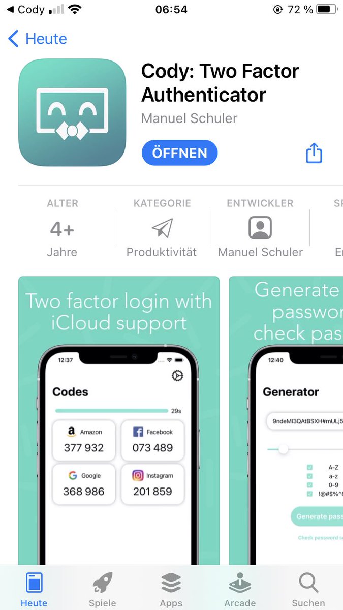 Tutorialwork's tweet image. Meine erste App mit SwiftUI📱Cody ist ein zwei Faktor Authenticator mit Passwort Generator und Passwort Checker Funktion.
▶️ apps.apple.com/de/app/cody-tw…