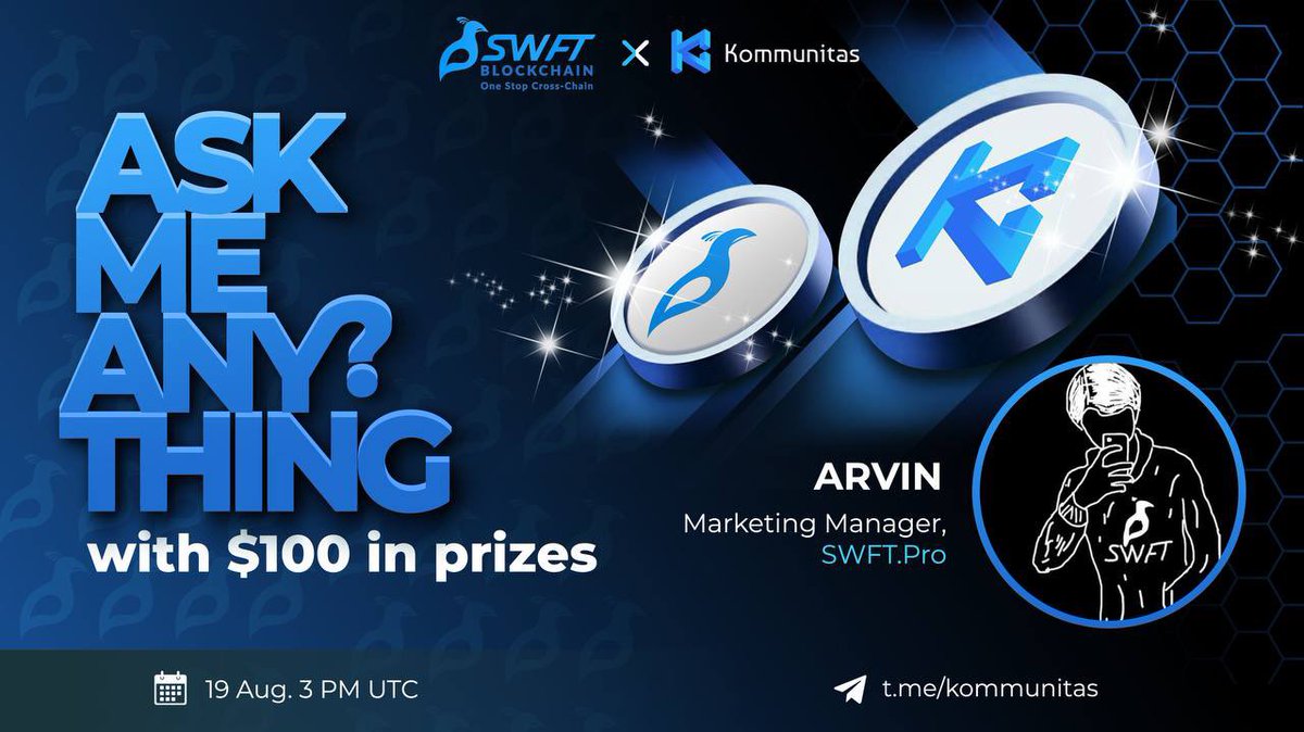 🚀We are excited to announce that we will be inviting Arvin from <a href="/SwftCoin/">SWFT Blockchain</a> for an AMA session.
📆 19 Aug, 2021.
⏱ 3 PM UTC
💰 $100 for 10 people. (5 from twitter and 5 Live Questions)

Rules: RT this, post your question and tag 3 friends. 
#kommunitas #swft #AMA