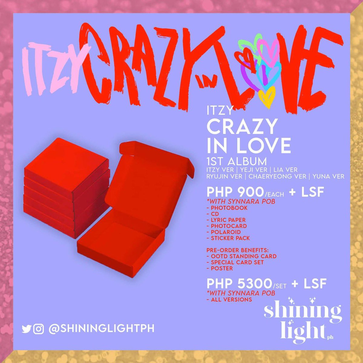 ShiningLightPH's tweet photo. [PH GO 🇵🇭] ITZY - CRAZY IN LOVE

✨ITZY/YEJI/LIA/RYUIN/CHAERYEONG/YUNA version with SYNNARA POB: ₱900 EACH (ALL IN) + LSF
✨SET (all 6 versions): ₱5,300 (ALL IN) + LSF
✨DOO: September 10, 2021
✨DOP: September 11, 2021
✨NORMAL ETA
ORDER HERE: https://t.co/ZrvfmS3NRQ https://t.co/GgqGHYyjiQ