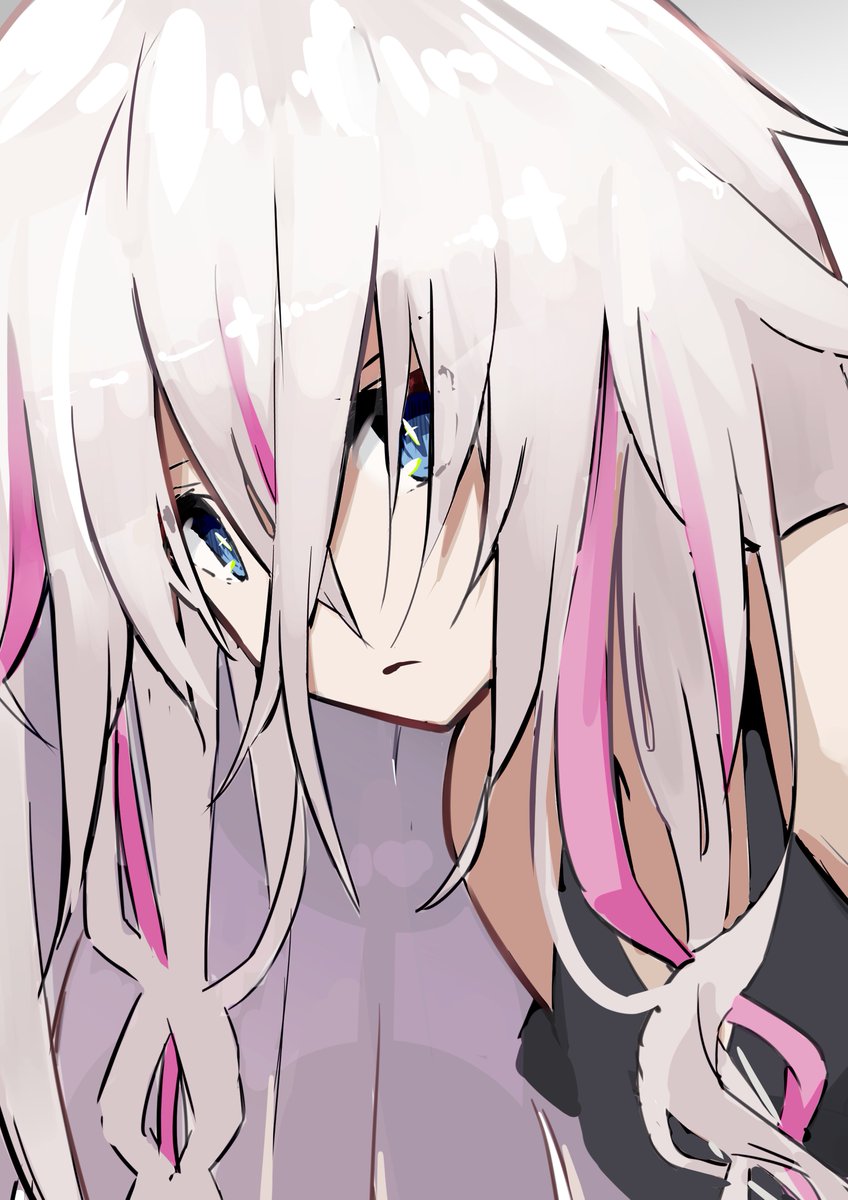 ia (vocaloid) 1girl solo blue eyes long hair black shirt looking at viewer bare shoulders  illustration images