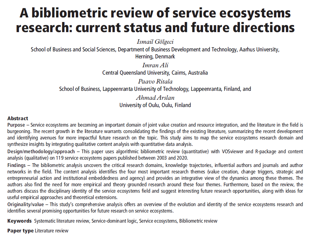 PaavoRitala's tweet photo. Ahoy #service, #marketing &amp; #ecosystem scholars!

A bibliometric review of service ecosystems research: current status and future directions

Our recent paper is now also available in "green OA", check it out here:

https://t.co/4alq6HSVny

#serviceecosystem #review #LUTbiz https://t.co/CGwtLdRc6P
