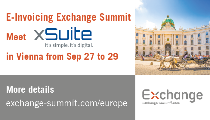 ExchangeSummit's tweet photo. Welcome to @xSuiteGroup as partner of the #EInvoicing Exchange Summit Vienna #EXCS21 from September 27 to 29.
Have a look at the agenda now: https://t.co/lHPllPHfhG! https://t.co/uHGbu16MhV