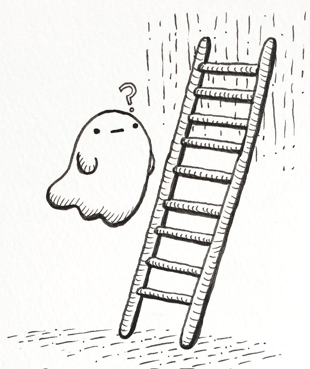 GraceSkeatesArt's tweet image. #AuGHOST2021 Day 12 - Ladder
Bob is confused about the purpose of a ladder. Why use a ladder when you can float higher? 
#AuGHOST #ghost #ink