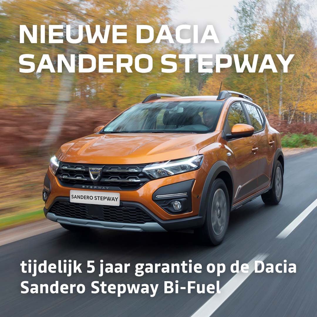 De nieuwe Dacia Sandero Stepway Bi-Fuel. Dat is zorgeloos schoner rijden op LPG, en slim geld besparen op iedere gereden kilometer! U ontvangt tijdelijk 5 jaar garantie bij aanschaf van een nieuwe Dacia Sandero (Stepway) Bi-Fuel 👏