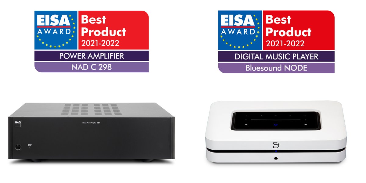 Great to have <a href="/bluesoundhifi/">Bluesound</a> and <a href="/NADElectronics/">NAD Electronics</a>  recognised in the 2021 EISA Awards for not just continuing to pioneer hi-res music streaming with the Bluesound Node but also in the development of power amplifiers with the NAD C298. Two amazing products! #wemakenoise