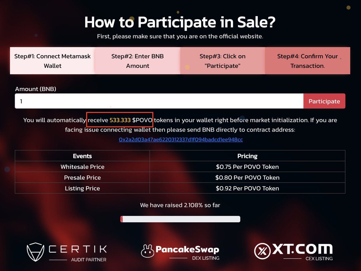 The most awaited WhiteSale of ($POVO) is finally here. 

Please make sure you only buy if the contract address is the same, and verify it!

0x2a2d03a47ae6220312337d1f094badcd1ee948cc 

WhiteSale price = 0.75
povo.finance/sale

Presale Price = 0.80
Listing Price = 0.92