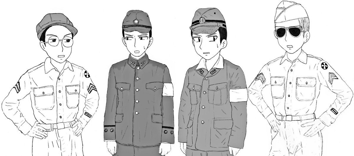 変なこだわり
ジャン伍長のギャリソンキャップは
前期型
階級章はカーキ下地

海軍将校は三種で開襟
陸軍将校に汗(海軍将校の方にも)
左腕に白腕章

ハリー伍長はギャリソンキャップでは無くHBTキャップ(普段はギャリソン)
階級章は黒下地 