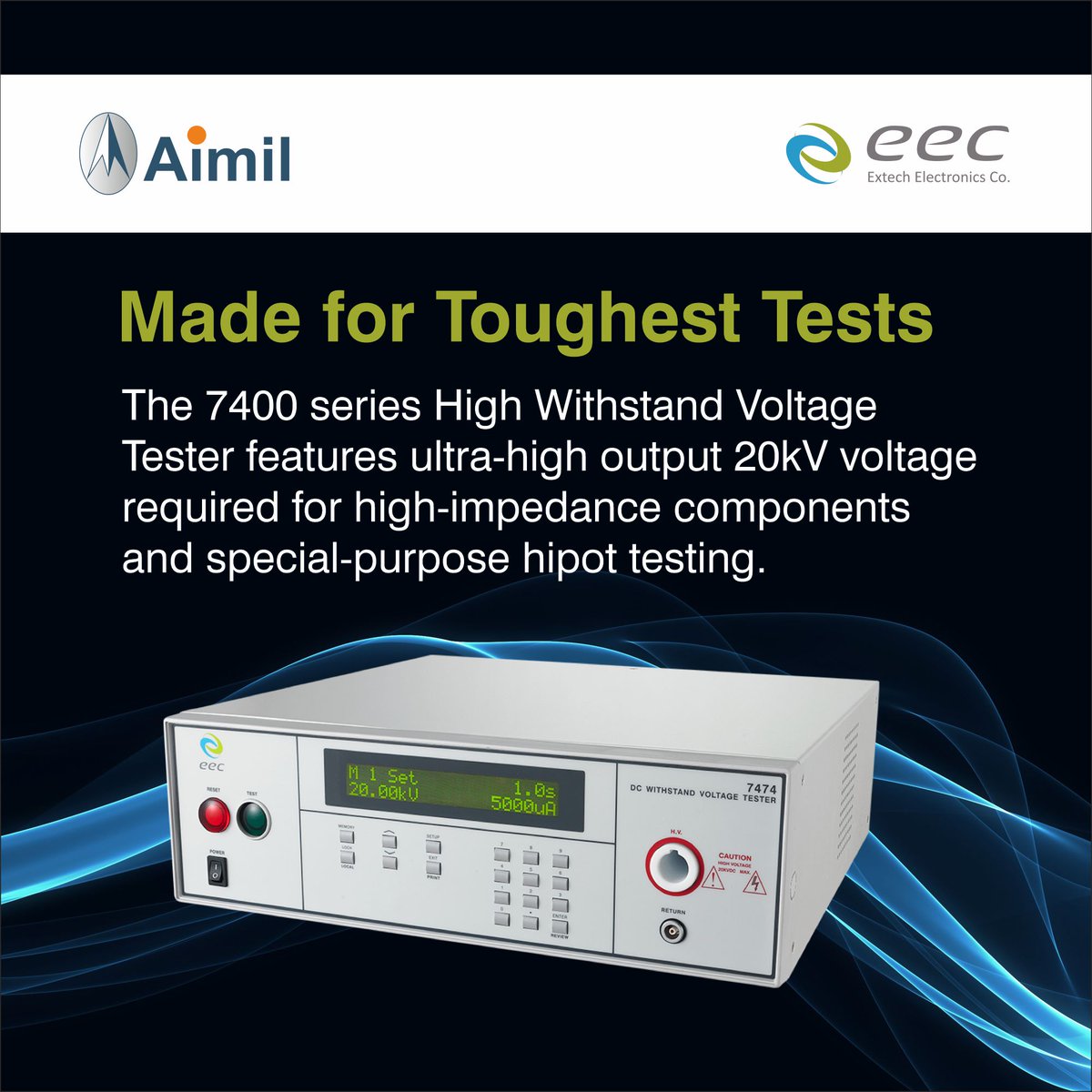 AimilLtd's tweet image. The 7400 Series High Withstand Voltage Tester Features Ultra-High output 20kV voltage required for high-impedance components and special-purpose #HipotTesting.

Read more: lnkd.in/e8_fQqMW

#IkonixTaiwan #PowerSources, #ElectronicLoads &amp;amp; #SafetyTesting