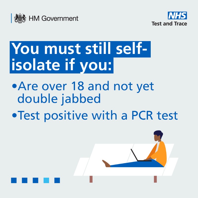 10DowningStreet's tweet photo. From today in England, close contacts of positive #COVID19 cases will no longer need to self-isolate if they are either:

✅ Double jabbed 
✅ Under 18 

Instead you should take a free PCR test. 

See more: https://t.co/XR6EtA2268