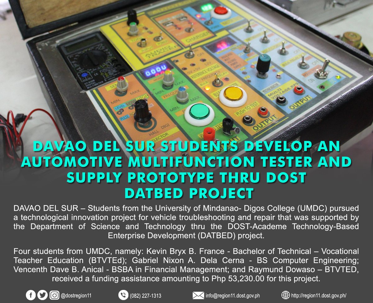 DOSTRegion11's tweet image. Davao del Sur students develop an Automotive Multifunction Tester and Supply prototype thru DOST DATBED Project
Read full story here: region11.dost.gov.ph/773-davao-del-…...
#dostPH #ScienceForThePeople #DATBED #DOSTXI #PSTCDavaodelSur