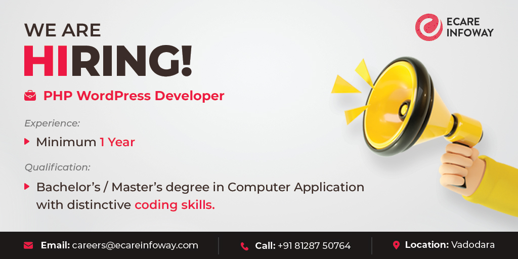 eCareInfoway's tweet photo. Hiring Alert!!!

Ecare Infoway Hiring PHP WordPress Developer

Job Type: Full-time
Send us your resume at careers@ecareinfoway.com

Requirements:
1. Strong knowledge of WordPress and PHP
2. Bachelor’s / Master’s degree in Computer Application https://t.co/0gqYK6uluA