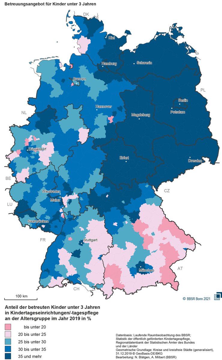bbsr_bund's tweet photo. Aktuelle Karte aus dem Deutschlandatlas: So unterscheidet sich regional der Anteil der betreuten Kinder unter 3 Jahren in Kindertageseinrichtungen/-tagespflege. Mehr Infos: https://t.co/WkcZ30tRoV #Bildung https://t.co/2neJW5XrFG