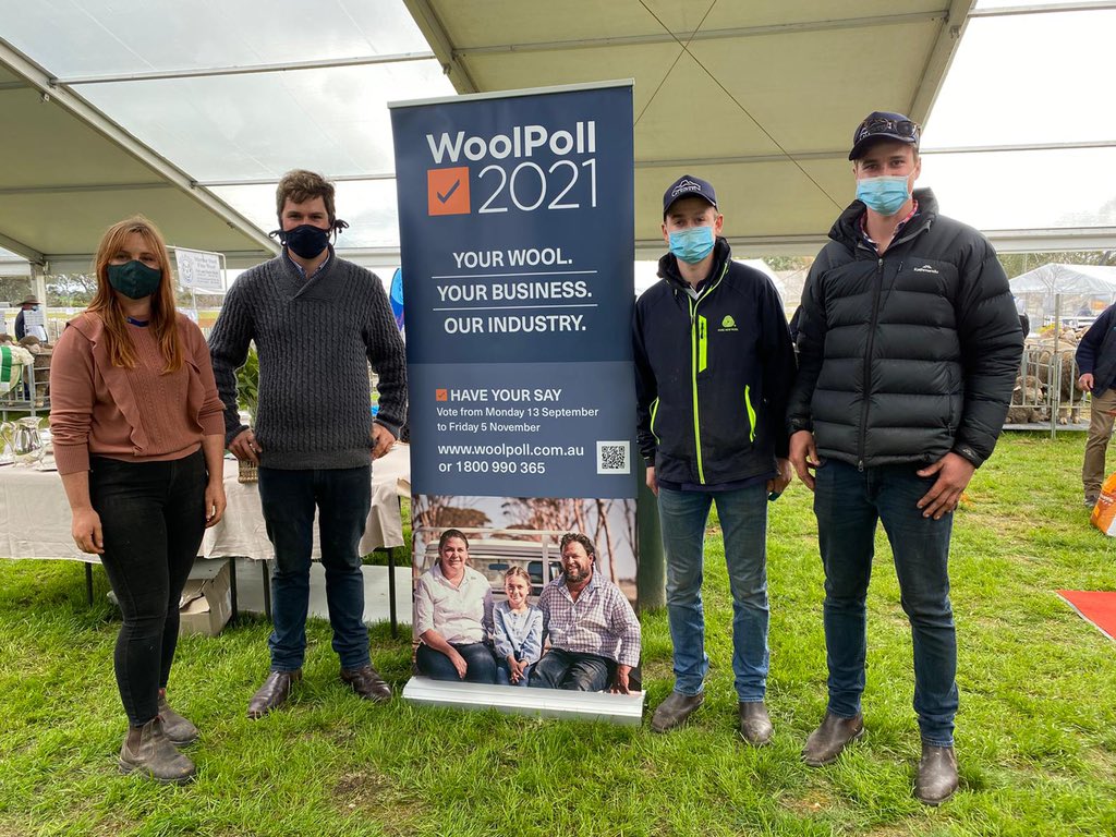 woolinnovation's tweet photo. Spreading the word on #WoolPoll2021 at #Victorian State Merino Field Day was Daniel Rogers, pictured with Claire McGauchie and Will and Harry Miller. Make sure you’re ready to vote when the poll opens on Sept 13. https://t.co/d3b1gBjZxp #Wool #WoolPollChampion https://t.co/MSRABbg3z9