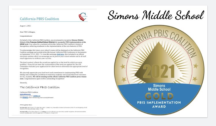 2KatShoPUSD's tweet photo. Congratulations @PomonaUnified @SimonsPUSD for your 3rd  @PBIS_CA GOLD state-level achievement!Thank you staff, PBIS Coach RodReynoso &amp; Team,AP Ramirez,Principal @RoddyLayton for your commitment to sustaining a caring &amp; #equitable school through #PBIS! #allMeansAll #culture #mtss https://t.co/0GLKH9ByFa