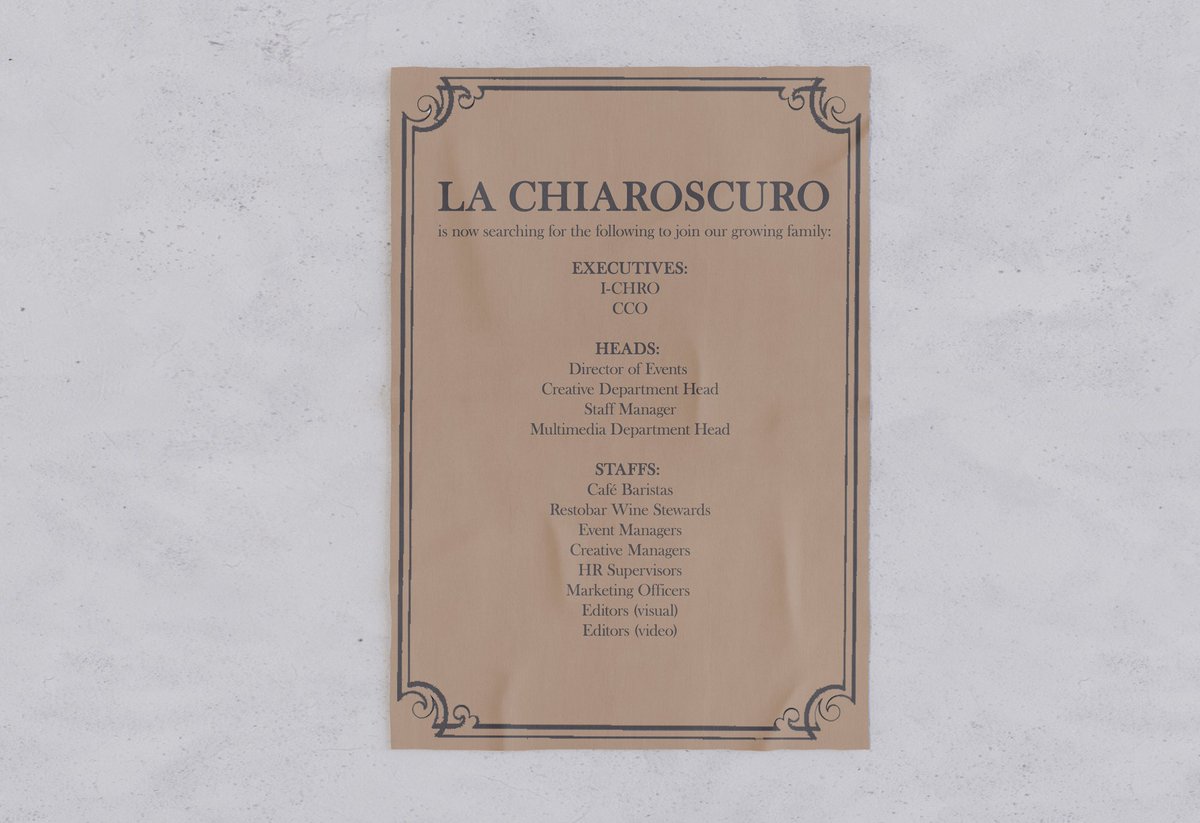 LACHIARPOffice's tweet photo. ︎
    
 🌓 | LA CHIAROSCURO is now searching for aspiring, and passionate individuals who are willing to join our growing family. Please refer to the image, and forms attached below. 

͏͏ https://t.co/Q9ijj9Li5n