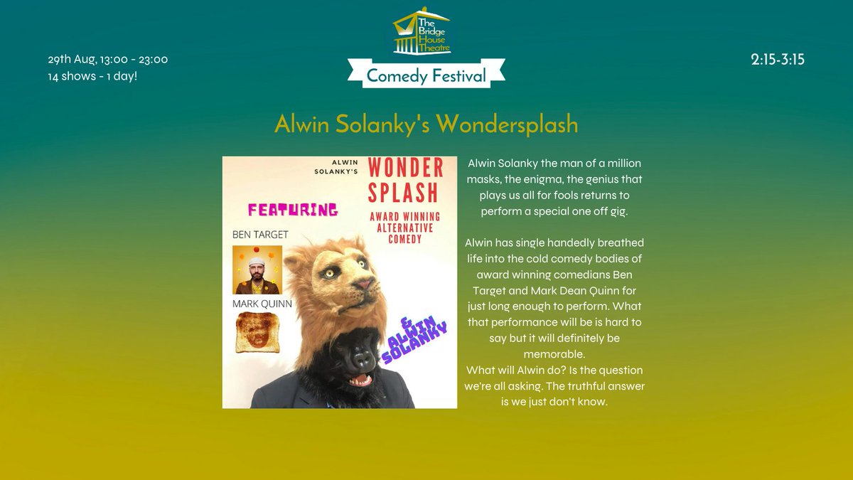 PengeTheatre's tweet photo. Not got any #augustbankholiday plans yet? We've got you! Join us on 29 August for #WonderSplash as part of our #comedyfestival - Book via https://t.co/Ek4MLMuudQ ๐ซ
@bridgehousese20 @alwinsol , @BenTarget @Mark_Dean_Quinn
#penge #crystalpalace #londoncomedy https://t.co/3TIIdRL6SB