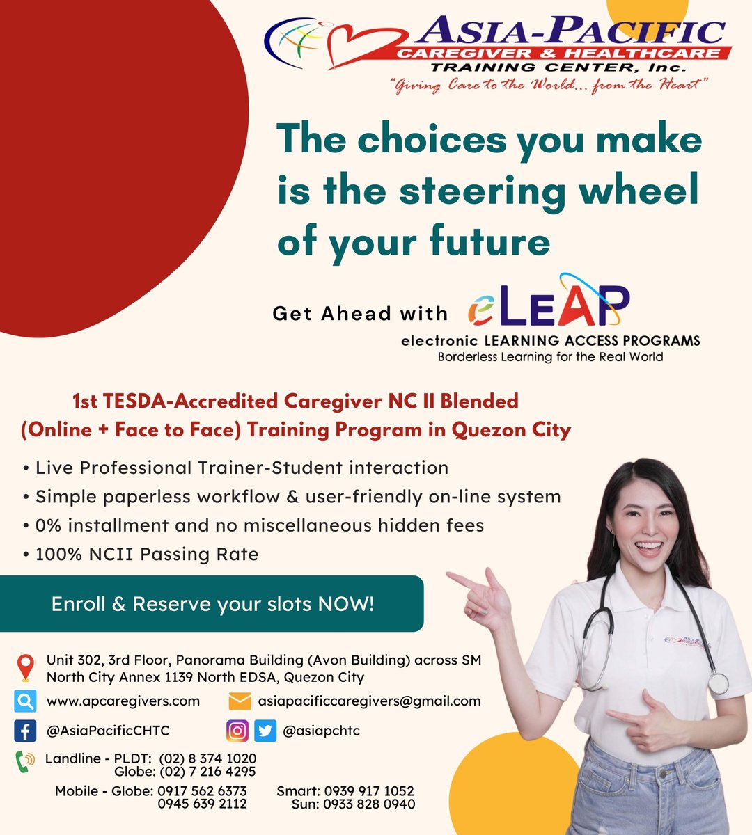 asiapchtc's tweet photo. "The choices you make is the steering wheel of your future"

Enroll &amp; Reserve your slots NOW!    

#blendedlearning #testaaccredited #eleap #elearning #eleapintroducing #1sttesda #1sttesdaaccredited #1staccredited #caregiverncii #caregiver #blendedlearninginqc https://t.co/mFrDhh11e6
