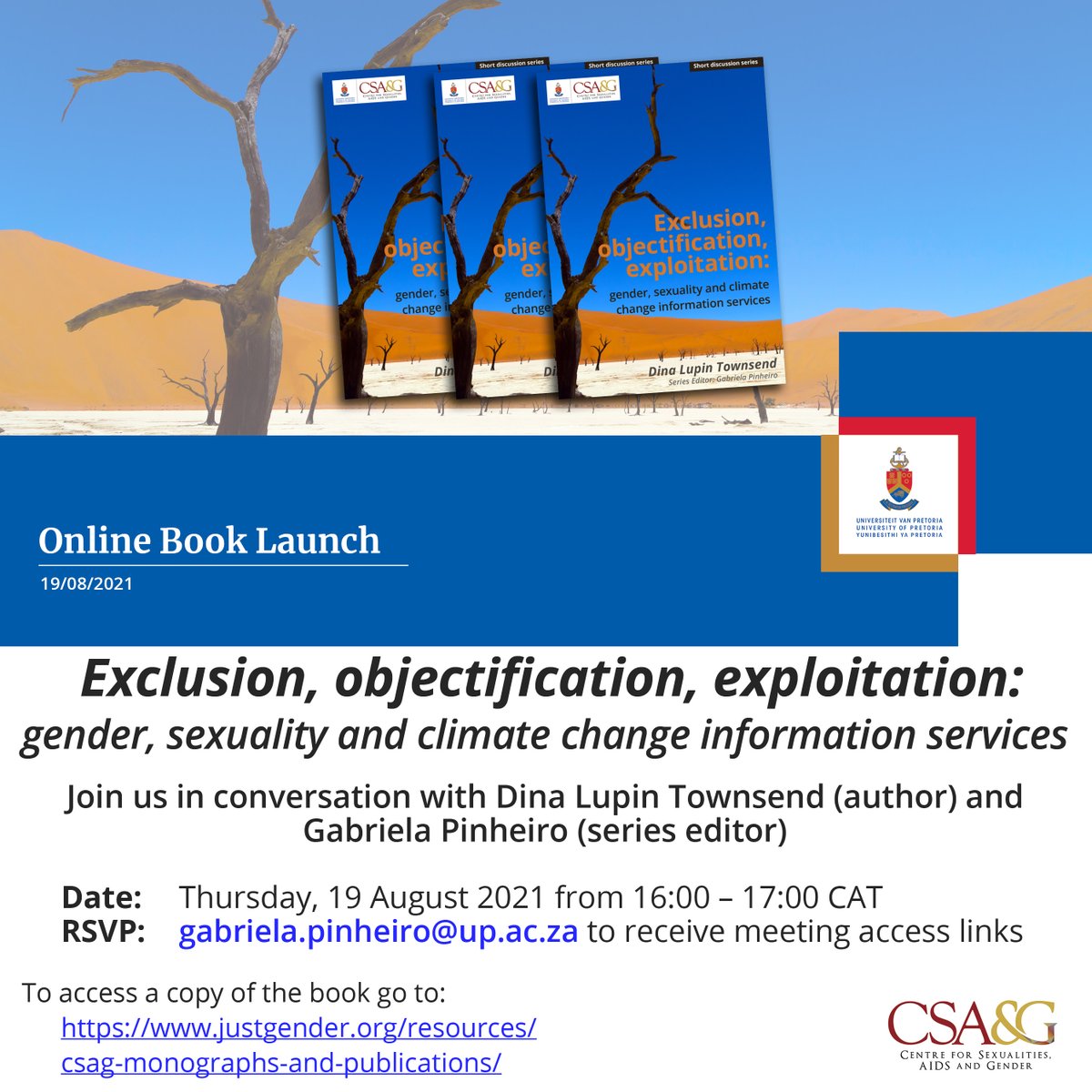 Dina Lupin (@dinalupin) on Twitter photo My monograph, with the Centre for Sexualities, AIDS & Gender <a href="/UPTuks/">University of Pretoria</a> on #gender, #sexuality & participation in #climatechange adaptation is out! I will be discussing my findings with Gabriela Pinheiro, on Thursday 4pm CEST. Join us! RSVP: gabriela.pinheiro@up.ac.za My monograph, with the Centre for Sexualities, AIDS & Gender <a href="/UPTuks/">University of Pretoria</a> on #gender, #sexuality & participation in #climatechange adaptation is out! I will be discussing my findings with Gabriela Pinheiro, on Thursday 4pm CEST. Join us! RSVP: gabriela.pinheiro@up.ac.za