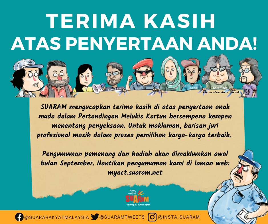 SUARAMtweets's tweet photo. Terima kasih di atas penyertaan anak muda dalam Pertandingan Melukis Kartun bersempena kempen menentang penyeksaan. Untuk makluman, barisan juri profesional masih dalam proses pemilihan karya-karya terbaik. Pengumuman pemenang akan dimaklumkan awal bulan September.
#myact https://t.co/bOXlfv0M7P