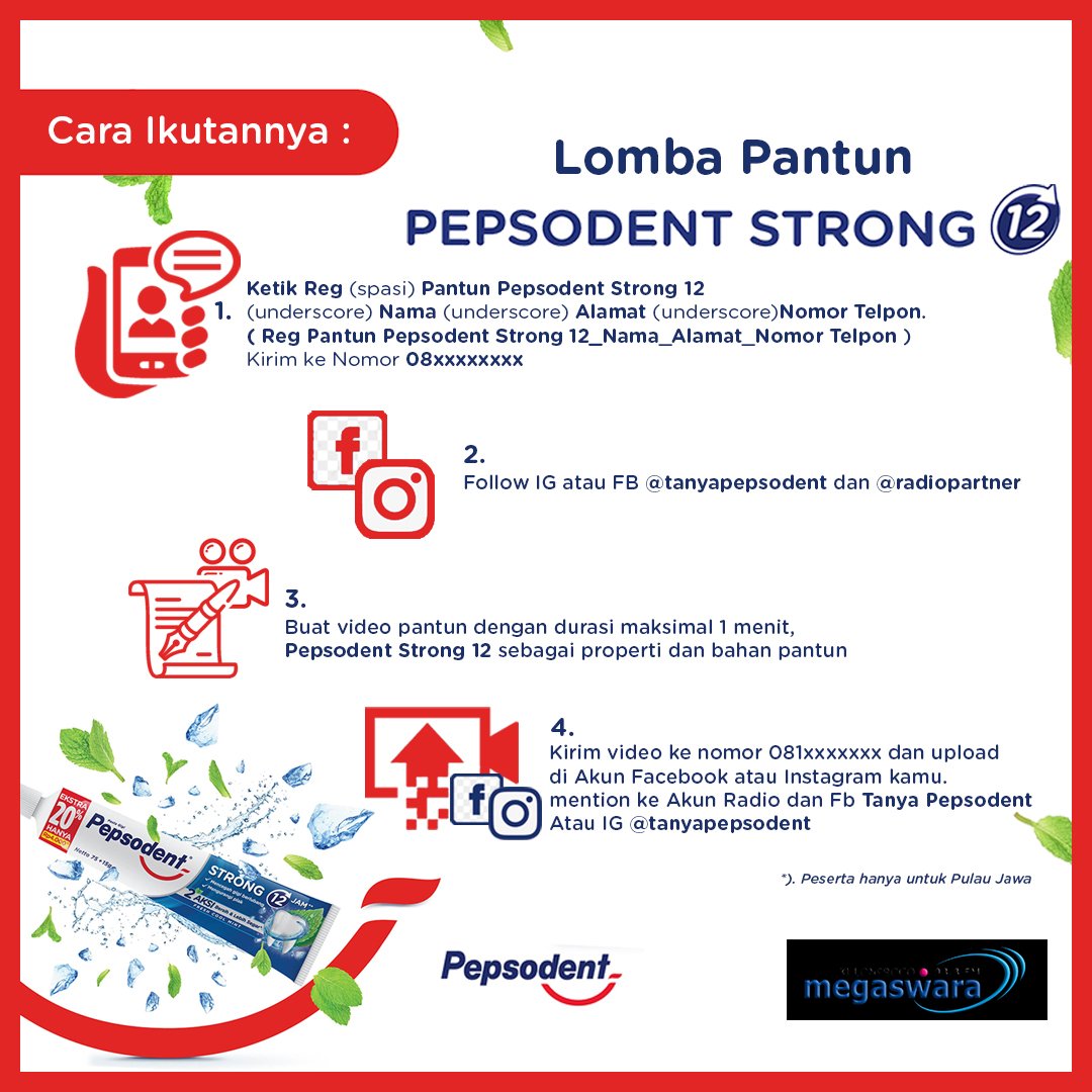 Yuk segera ikut dan dapetin berbagai hadiah menarik dari Pepsodent Strong 12 Jam.
Saatnya tunjukkan Gigi Kuat dan Nafas Segarmu dengan Pepsodent Strong 12 Jam dan dapatkan hadiahnya.