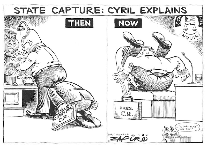Zapiro's cartoon published in DM168 <a href="/dailymaverick/">Daily Maverick</a>  (14 August 2021) on a Dark Place <a href="/CyrilRamaphosa/">Cyril Ramaphosa 🇿🇦</a> <a href="/PresidencyZA/">The Presidency 🇿🇦</a> <a href="/PresJGZuma/">Jacob G Zuma</a> <a href="/MYANC/">ANC - African National Congress</a>  <a href="/StateCaptureCom/">State Capture Commission</a> - zapiro.com/210814dm