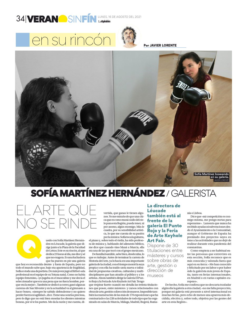 galerialeucade's tweet photo. Hoy a página completa en el @diariolaopinion podéis leer una entrevista que me ha hecho @javierlorent3.  
#sofiamartinezhernandez @galerialeucade @elpuntorojoarte @keyholeartfair 
 #galerialeucade #galeriaelpuntorojo #keyholeartfair #arte #murcia #arteenmurcia #galerista #boxeo https://t.co/vwaEPozAMW