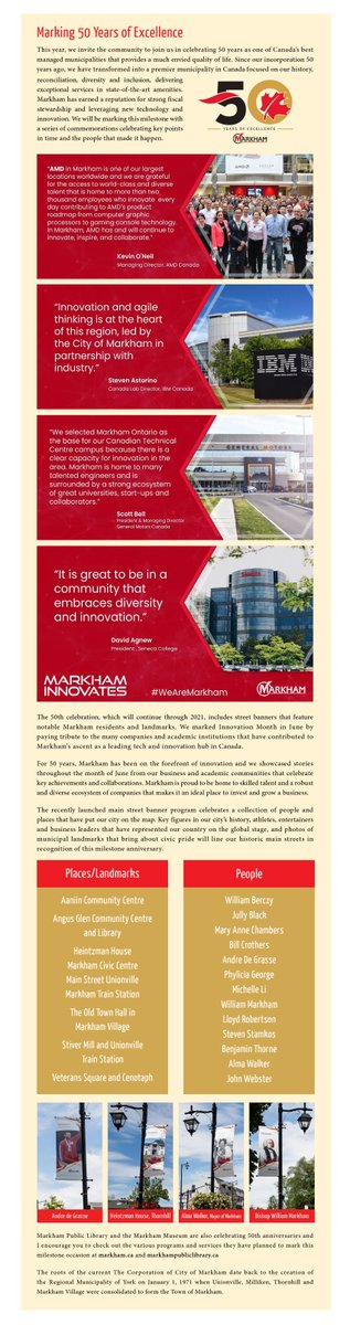 frankscarpitti's tweet photo. This year, we invite the community to join us in celebrating 50 years as one of Canada's best managed municipalities. We are marking this milestones with a series of commemorations celebrating key points in time &amp; the people that made it happen.
#Markham50 https://t.co/YB6eSBpfLe