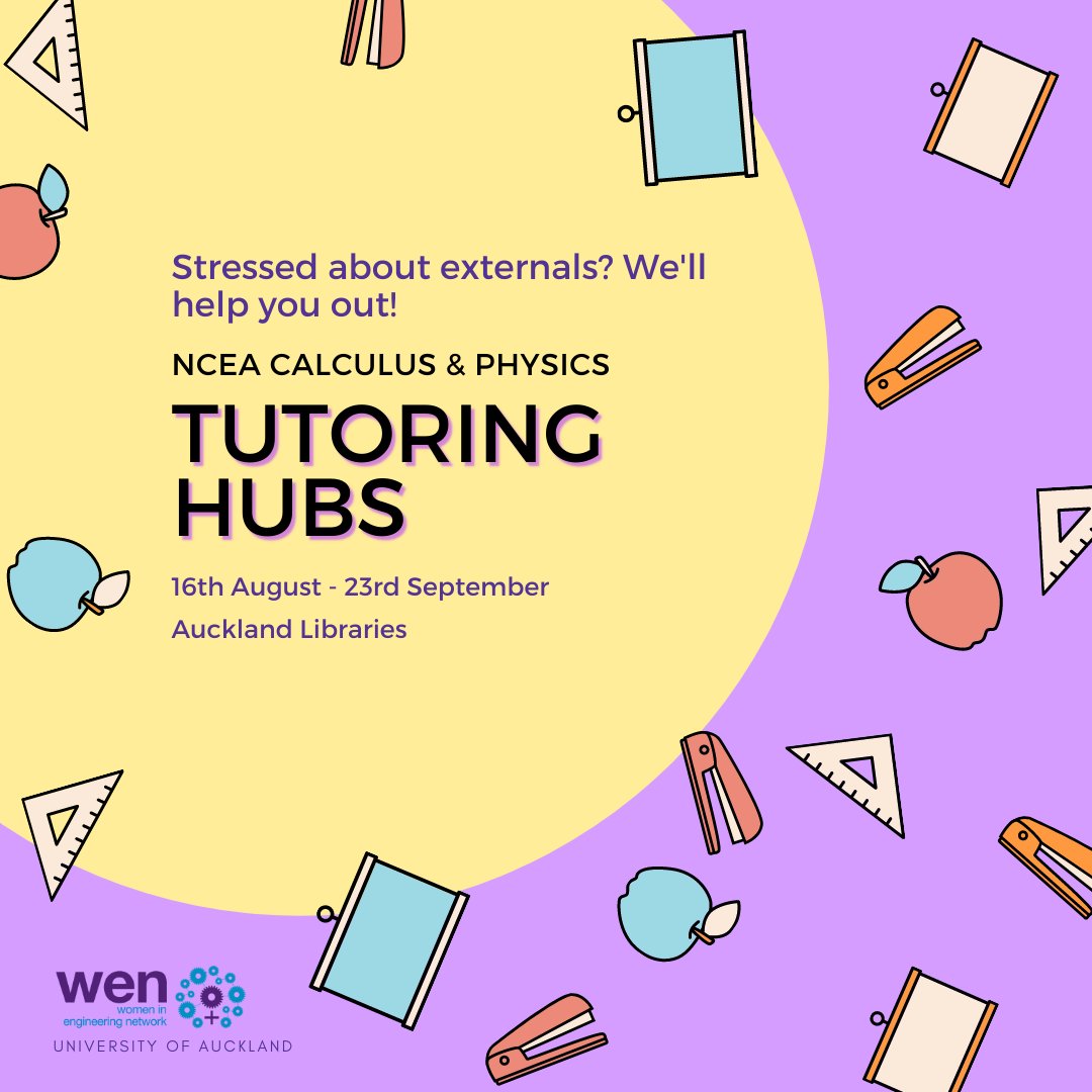 wen_uoa's tweet photo. FREE WEN Tutoring has started! If know any female Year 11 - 13 students in Auckland needing help revising for NCEA Maths &amp; Physics. Share this post and invite them to pop by to their local library.  #nzmaths #mathsnz #mathschat #edchatnz #scichatnz #STEMeducation #womeninstem https://t.co/x6NkXH01KL