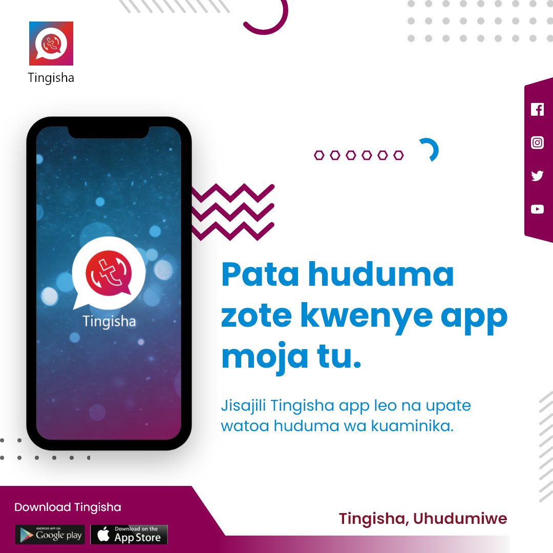 TingishaApp's tweet photo. Pakua #Tingisha app upate #huduma za aina zote kutoka kwa watoa huduma wataalamu na wa kuaminika kutoka #Tanzania 
Tingisha: https://t.co/lRyX46hHaF 
#Tingishabusiness #serviceproviderapp #serviceprovider #downloadapp #tingishaapp #monday #fashion #shopping #services https://t.co/XCUvdl15nK
