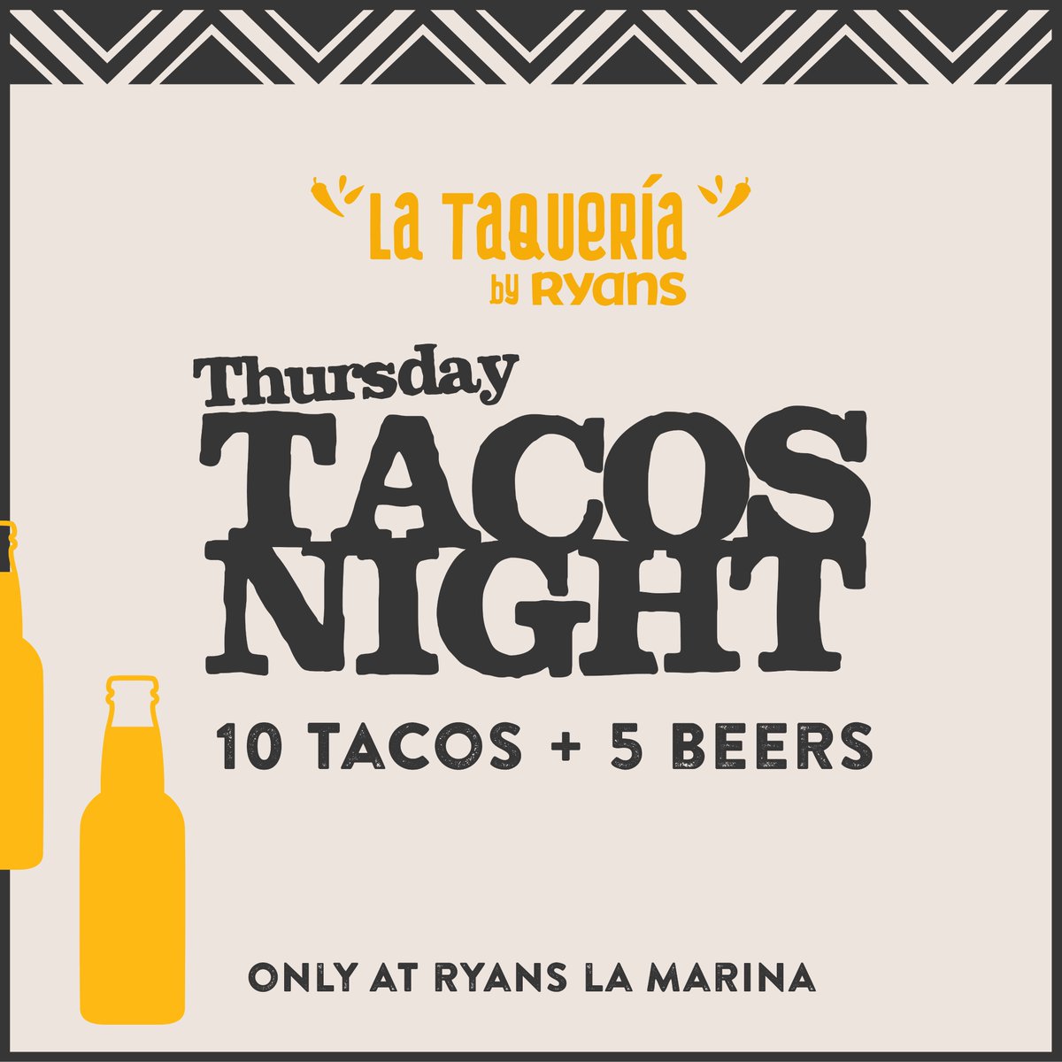 ryanshotels's tweet photo. 🌮 🌮 🌮 🌮 🌮 🌮 🌮 🌮 🌮 🌮 + 🍺🍺🍺🍺🍺 = 25€ 
𝓣𝓪𝓬𝓸𝓼 𝓝𝓲𝓰𝓱𝓽 
#ryanslamarina
#ryans https://t.co/D3Jl6lnNh5