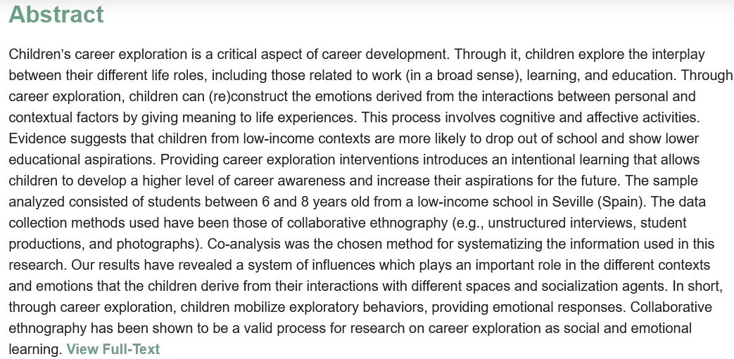 EducSci_MDPI's tweet image. Career Exploration as Social and Emotional Learning: A Collaborative Ethnography with Spanish Children from Low-Income Contexts

mdpi.com/2227-7102/11/8…

#CareerExploration #SocialEmotionalLearning #InterventionStudy #EarlyEducation