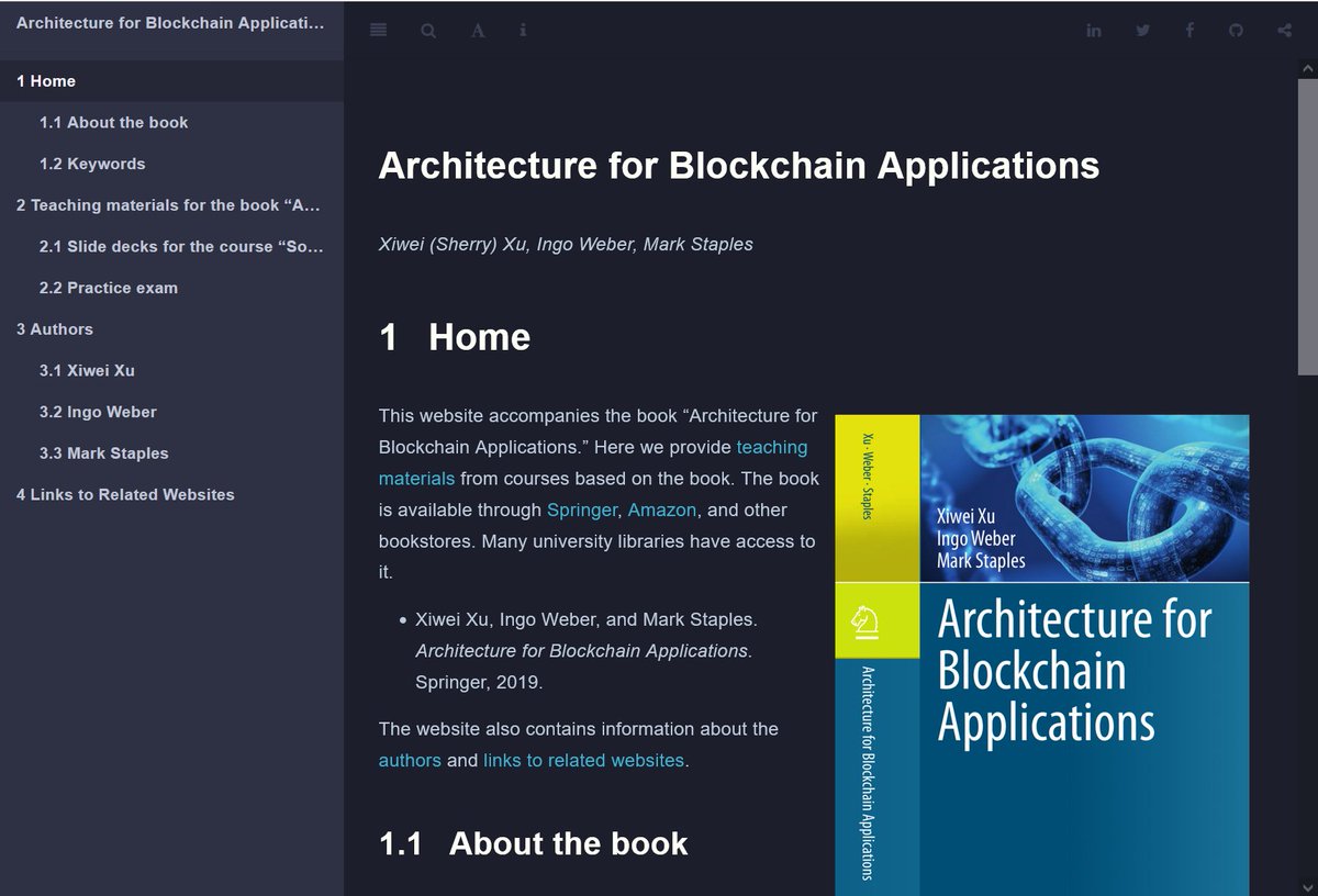 We just published a website for our book 'Architecture for #Blockchain Applications'. It includes slide decks etc for our course, which is taught @TUBerlin and @UNSW
ingo-weber.github.io/blockchain-arc…

 #softwarearchitecture #teachingmaterials
with @XiweiXu and Mark Staples