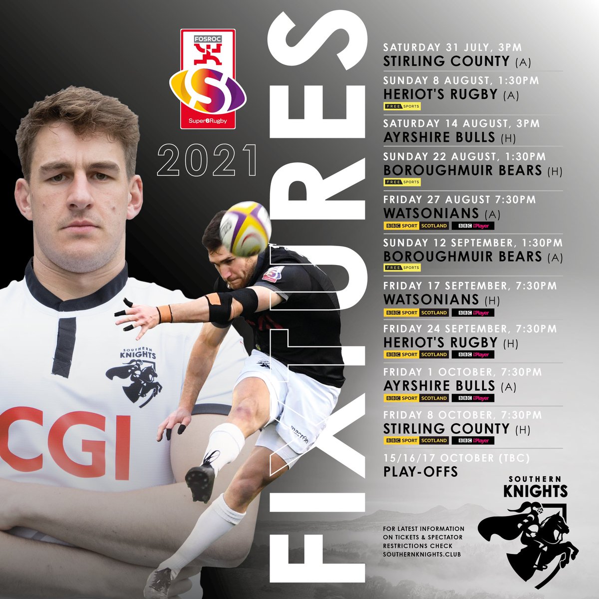 For our Knights supporters near and far who can’t make it to the games in person, the 7 remaining @Super6Rugby scheduled Southern Knights games are live on @BBCiPlayer, @FreeSports_TV @Scotlandteam Spread the word #FollowTheKnights #FOSROCSuper6 @CGI_UKNEWS